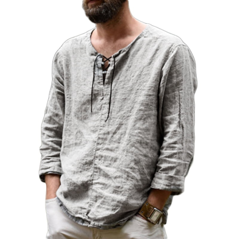 Long Sleeve Retro V Neck Linen Lace Up 
