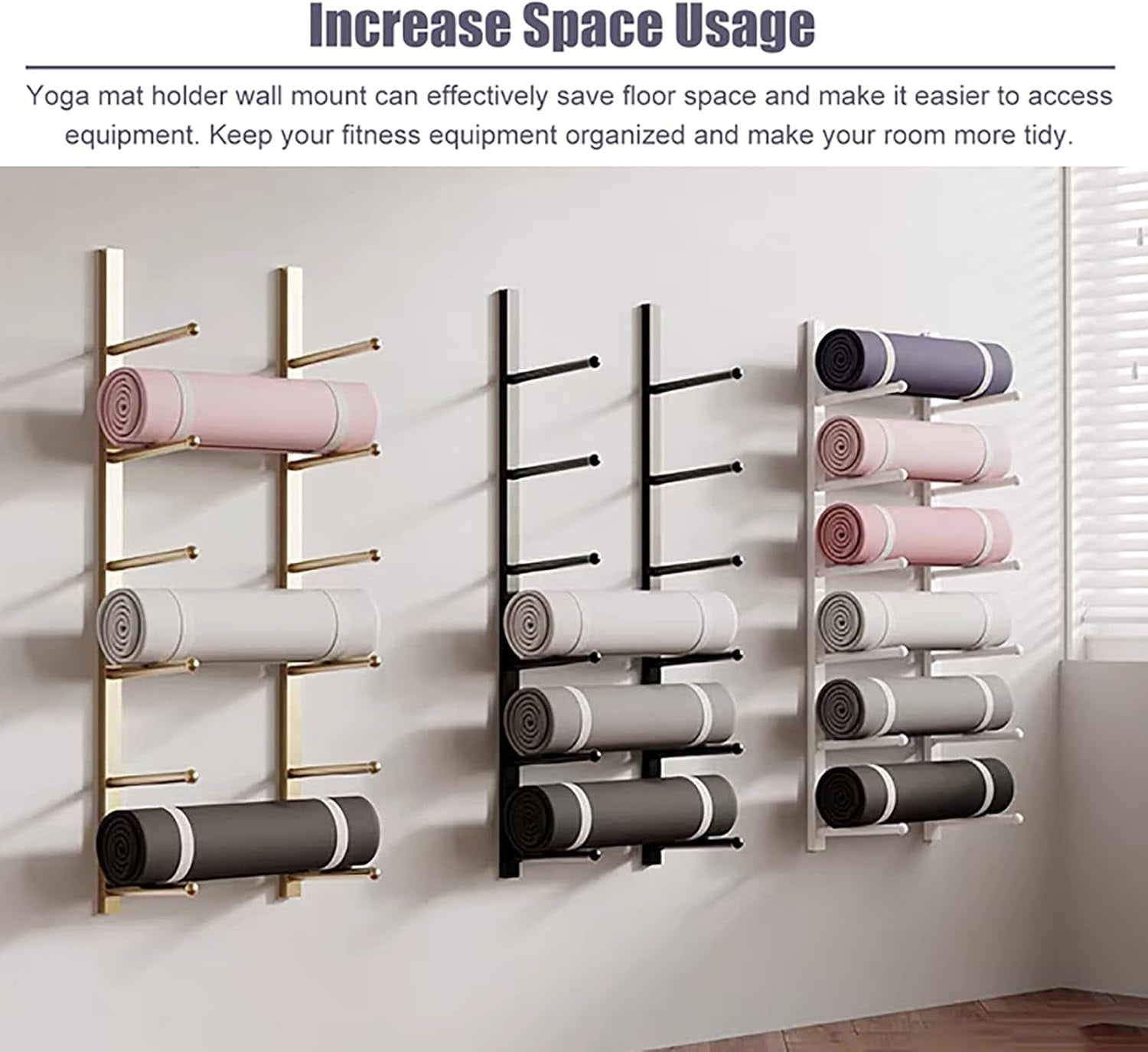 Yoga Mat Holder Wall-Mounted, 6-layer Metal Pilates Mat Organizer Exercise Equipment Holder, Yoga Mat Vertical Storage Rack For Home Gym, 103CM