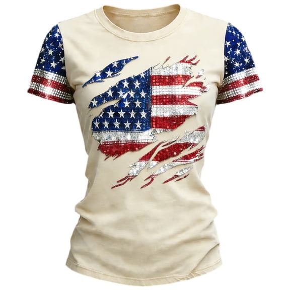 Women's Independence Day T-Shirts 250th Anniversary USA Flag Map Print Retro Floral Embroidery Short Sleeve Crewneck 4th of July Casual Tees, #01 Beige, XXL
