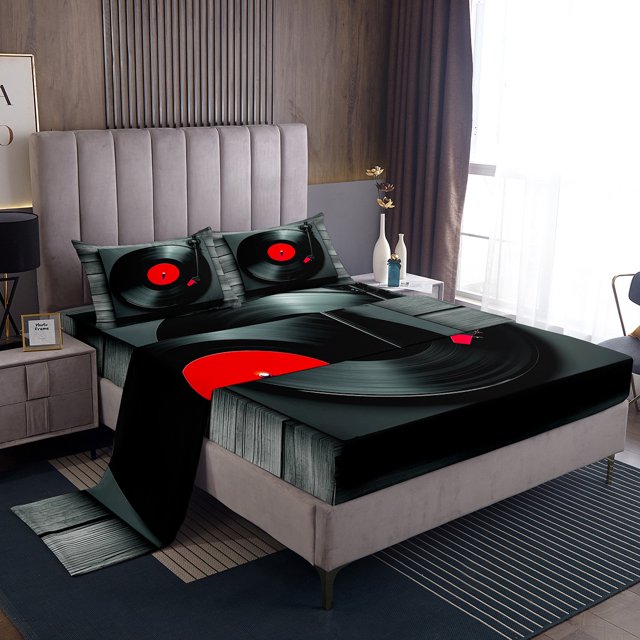 Music Theme Bed Sheets Set Musical Cd Disc Sheet Set Twin,Music Instrument Print Sheets,Jazz Music for Home Top Sheet,Black