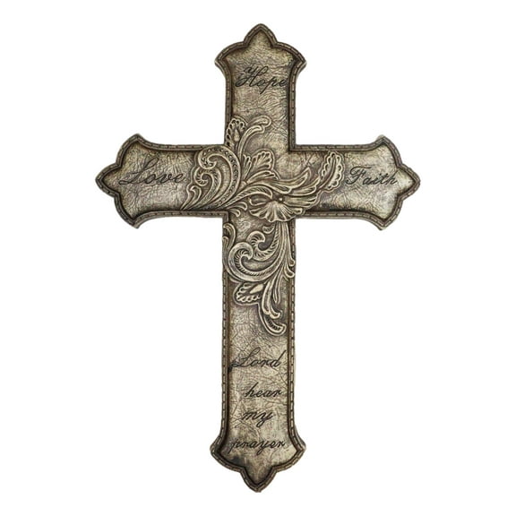 Hope Love Faith Lord Hear My Prayer Fleur De Lis Floral Faux Leather Wall Cross