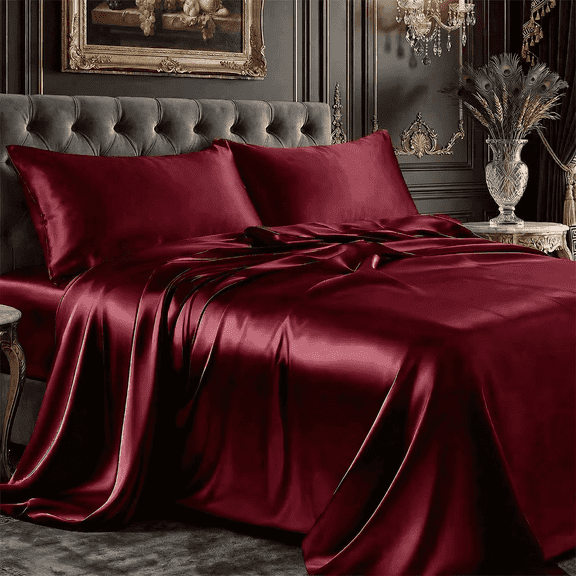 PixelForge Queen Satin Sheet Set, Silky Satin Bed Sheets, Silk-Like Sheets for Hair & Skin, 4 Piece, Burgundy, 14" Deep Pocket