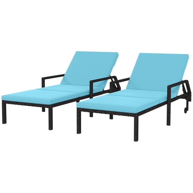 Chaise Longue d'Extérieur en Rotin PE Bleu Ciel, Ensemble de 2 Pcs avec Dossier Réglable et Roues - Chaises Longues de Patio et de Jardin pour Se Détendre à l'Extérieur