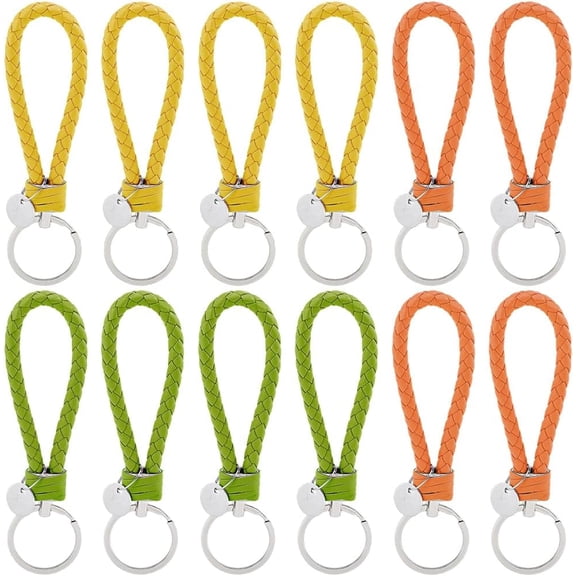 12PCS 3 Colors Briaded PU Leather Car Keychain Woven Strap Key Fob with Alloy Key Rings Rope Keychain DIY Making