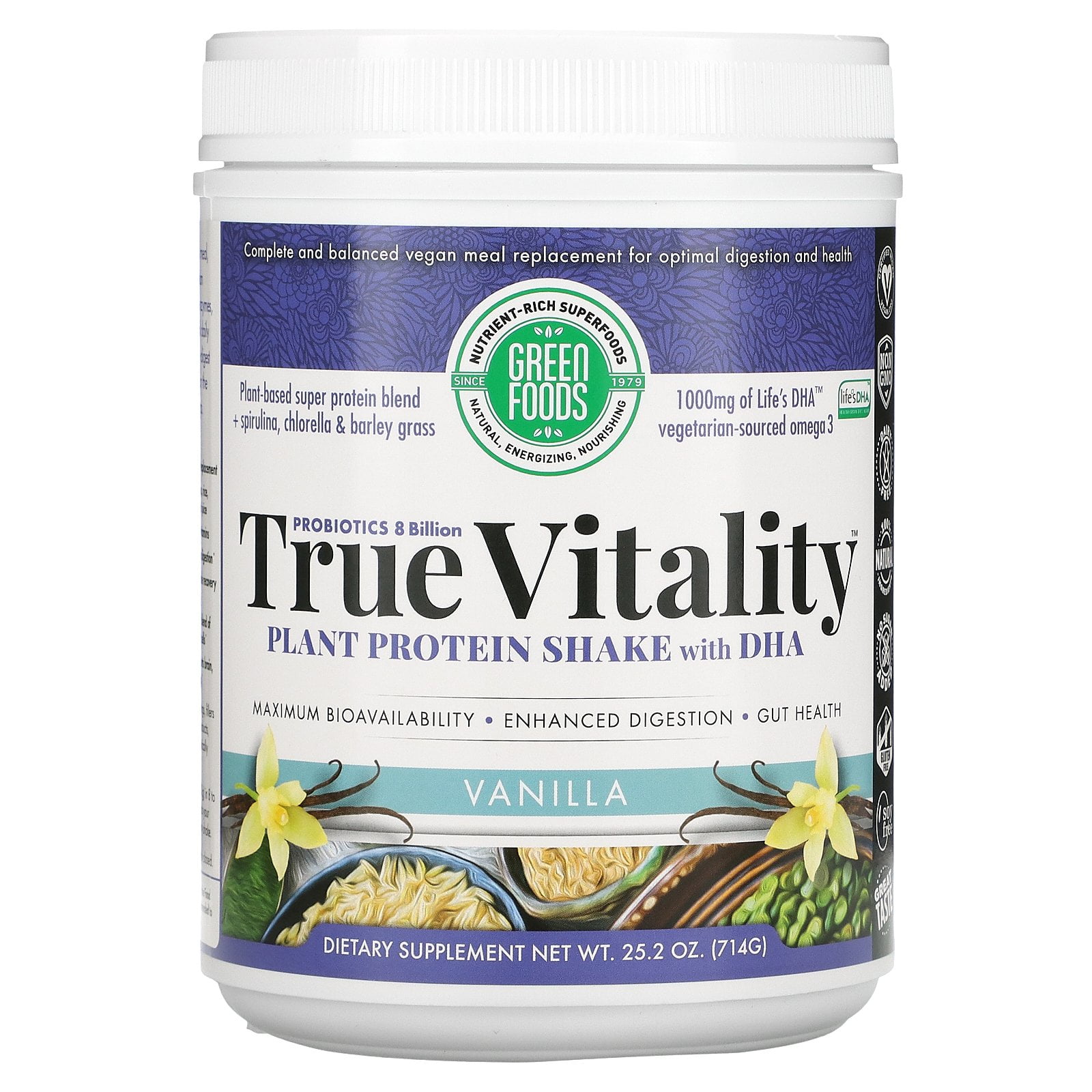 Green Foods True Vitality Plant Protein Powder, Vanilla, 15g Protein, 1.6 Lb