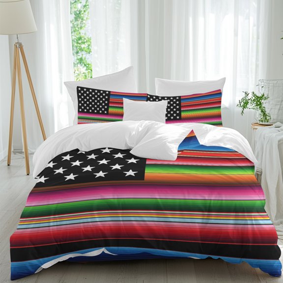 Colorful Stripes Queen Duvet Cover Set, Modern Minimalist Red Blue Pink Lines Star Flag 4 Piece Microfiber Bedding Set with Zipper Closure, Bed Sheet and 2 Pillow Shams, Soft Bedding Cover