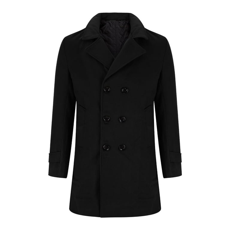Wyobmus Men's Casual British Style Trench Coat Slim Fit Notched Collar Long  Jacket Overcoat Double Breasted Pea Coat Wih Pockets Black