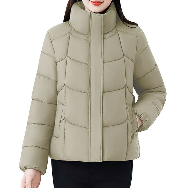 hoksml Women's Stand Collar Down Jacket Solid Color Short Quilted Puffer Zip Front Winter Coat with Pockets