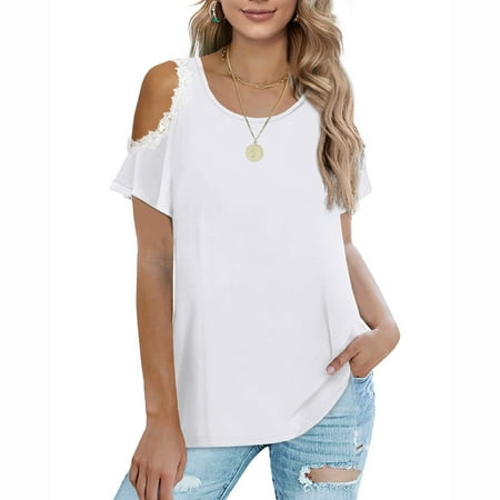 

Women Summer Tops Short Sleeve Round Neck Loose Fit Blouses Shirts Cold Shoulder Tunic To Wear with Legging