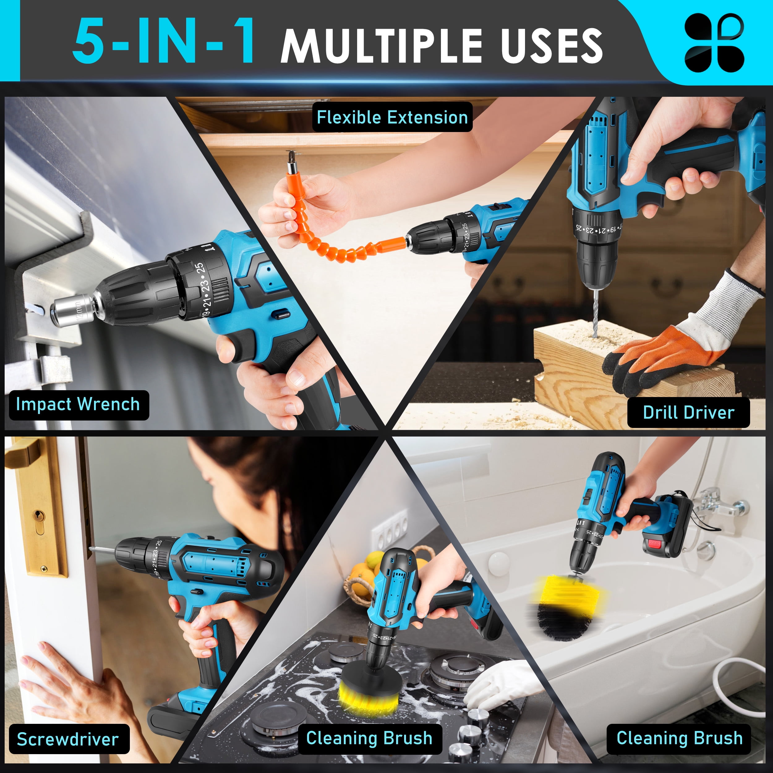 RELOIVE 21V Cordless Drill,Electric Power Drill Set with 2×2.0Ah Battery&Charger,3/8" Keyless Chuck,2-Speed,45N.m Torque,25+3 Position,35pcs Drill/Driver Bits