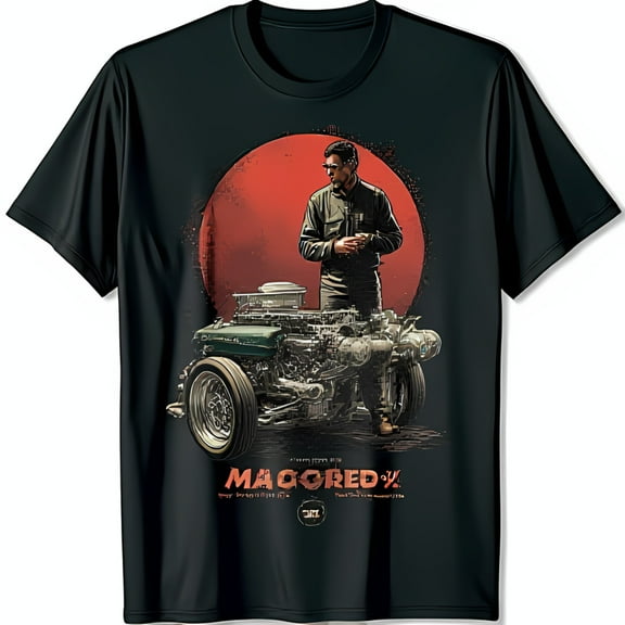 Bold Black T-Shirt with Graphic of Man in Blue & Classic Dark Green at Sunset