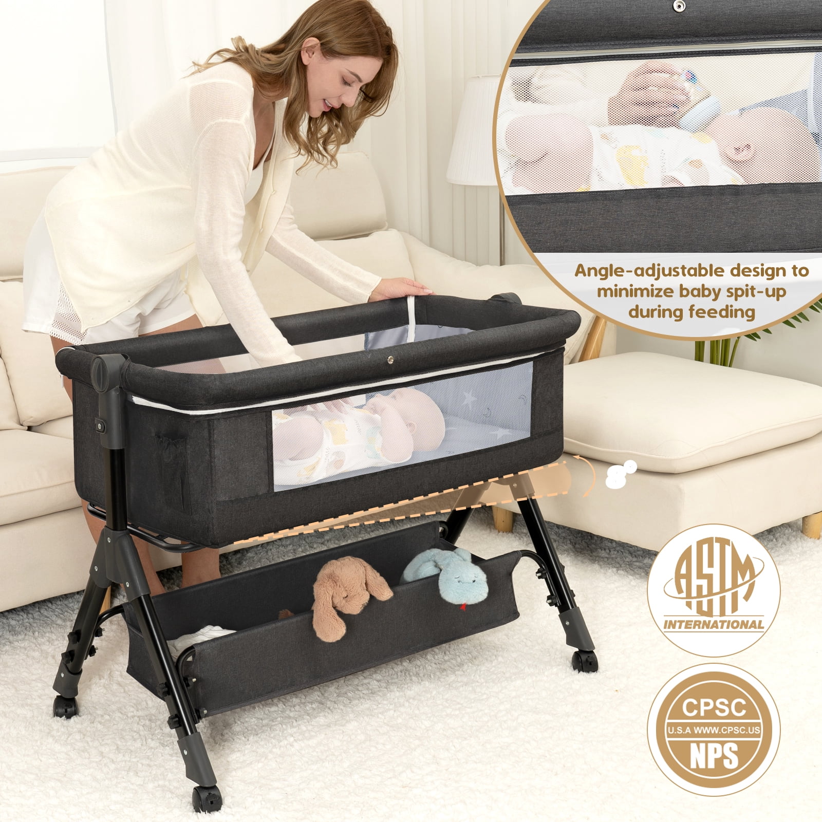 Infant Bassinet Sleeper,Single-sided Detachable 3 Adjustable-Height Bedside Beds Foldable Baby Crib,for 0-18 Months-Dark Gray
