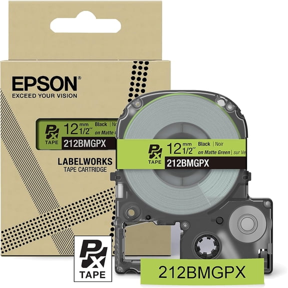 Epson LABELWORKS 212BMGPX - Black on Matte Green PET Label Maker Tape - 1/2" (12MM) Wide, 26'