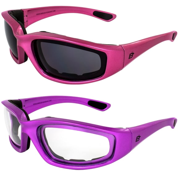 Birdz Eyewear Oriole Anti-Fog Padded Motorcycle Sunglasses Riding Glasses 2 Pairs Pink w/Smoke Lens & Purple w/Clear Lens