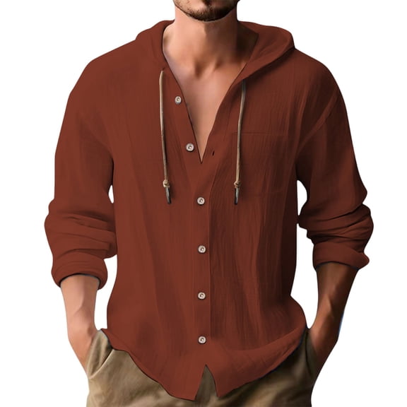 Clearance! SUETCH Men's Cotton Hoodie Long Sleeve Linen 2025 Summer Casual Hawaiian Beach Tops Drawstring Hooded Button Down Shirt Lightweight Work Tshirt,Wine,3X-Large