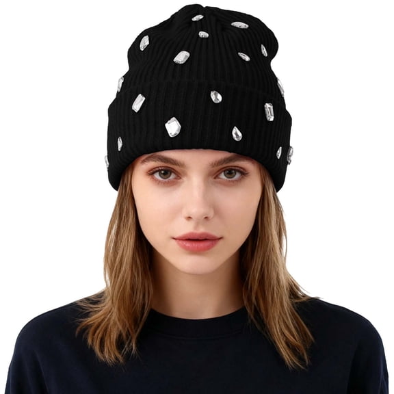 AWZXDE Girls Rhinestone Glitter Knitted Beanie Hats For Women Double Layer Outdoor Warm Personality Street Style Cap Black