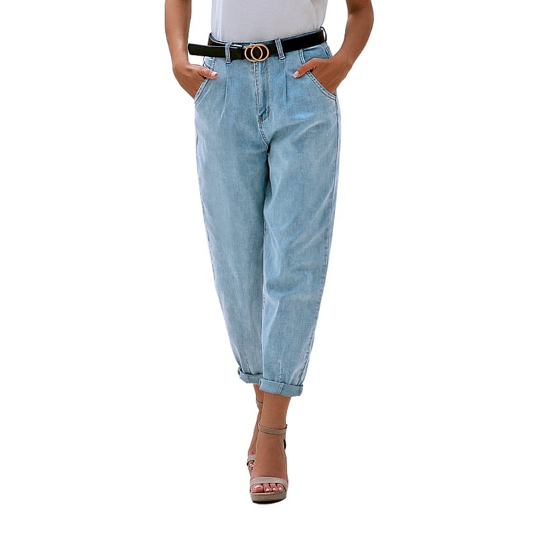 luvamia Women's Cute Balloon Tapered Denim Jeans Classic High Waisted  Stretchy Denim Pants Size S Airy Blue 