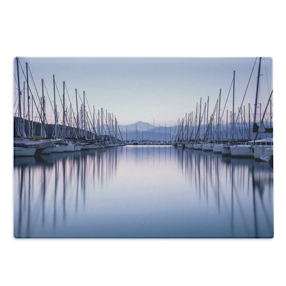 Sailboat Cutting Board, Large Yacht Harbor in Sunrise Scenery Cruise Leisure Summertime Active Life, Decorative Tempered Glass Cutting and Serving Board, Large Size, Lilac Purple Grey, by Ambesonne