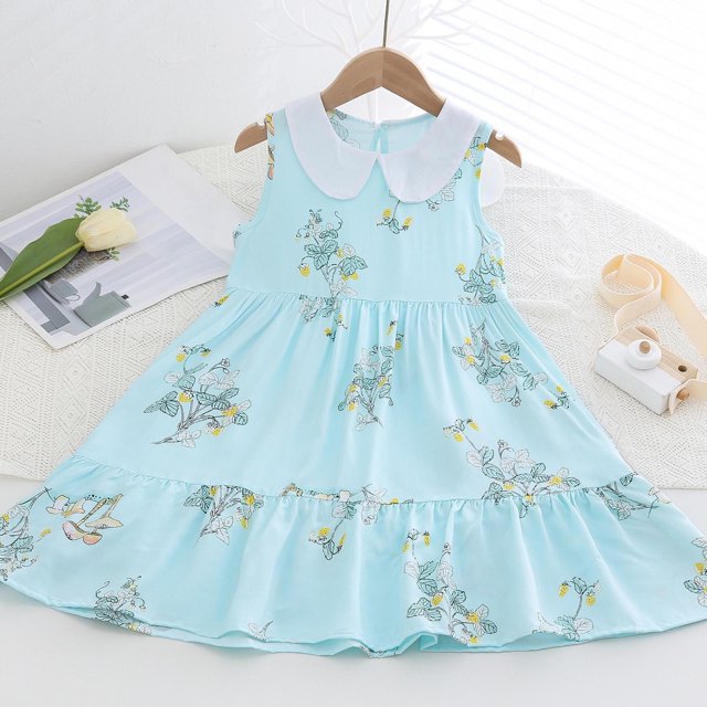 LOVZFMLL Fashion Girls' Summer Sleeveless Sleeve Ruffled Lace Round-Neck Embroidery Mesh Princess Bow Skirt Princess Dress