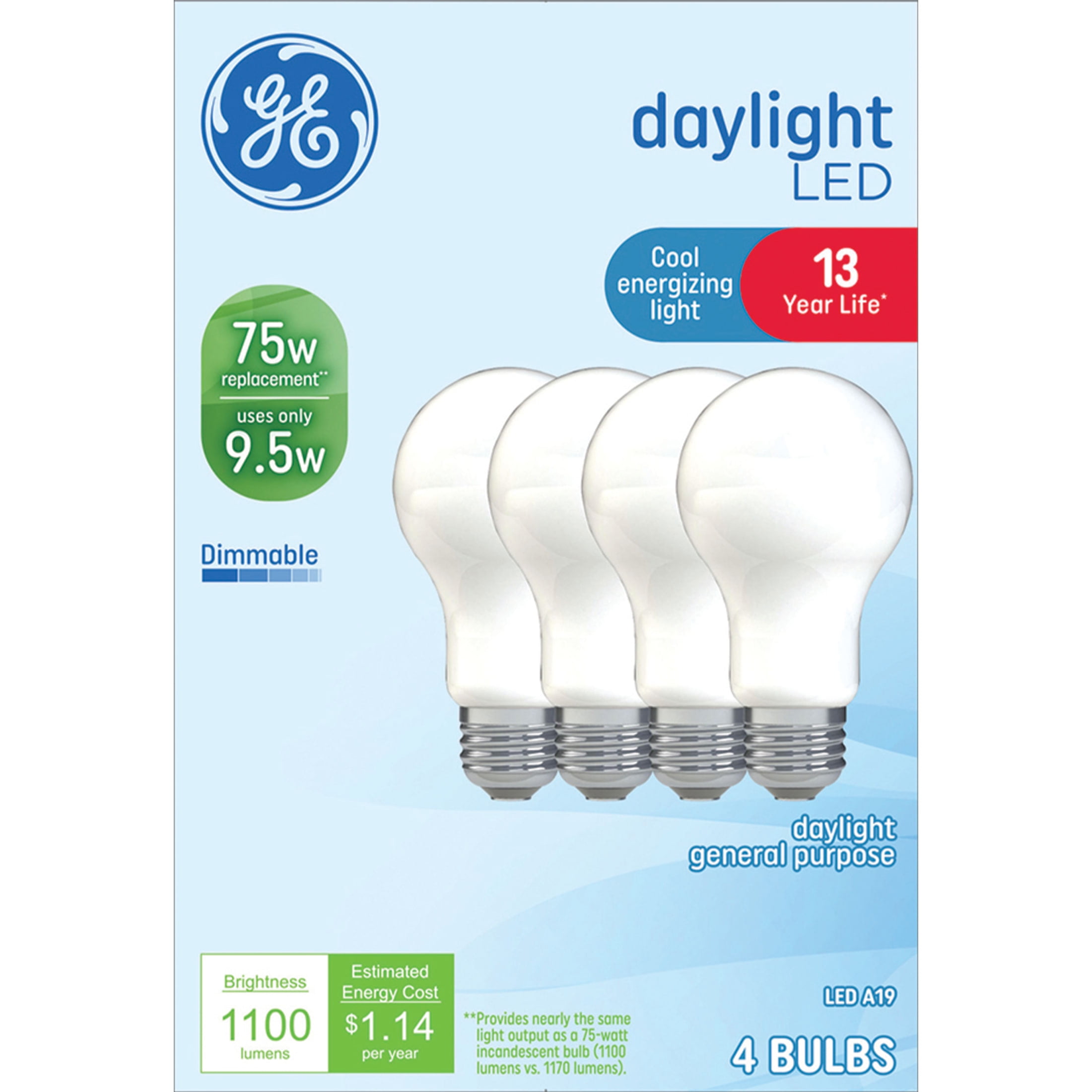 (2 pack) GE LED Light Bulbs, 75 Watt, Daylight, A19 Bulbs, Medium Base, Frosted Finish, 13yr, 4pk