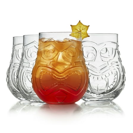 Libbey Tiki Split Glass Tumbler Set, Vintage-Style Quirky Drinking Glasses Set of 4, Exotic, Tall Drinking Glass Cups for Backyard Luau or Pool Party