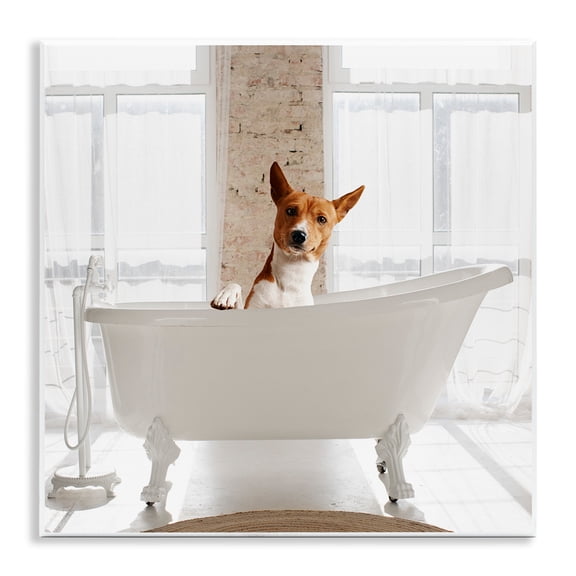 Stupell Industries Happy Dog in Bathroom Tub Animals Painting Unframed Art Print Wall Art, 12 x 12