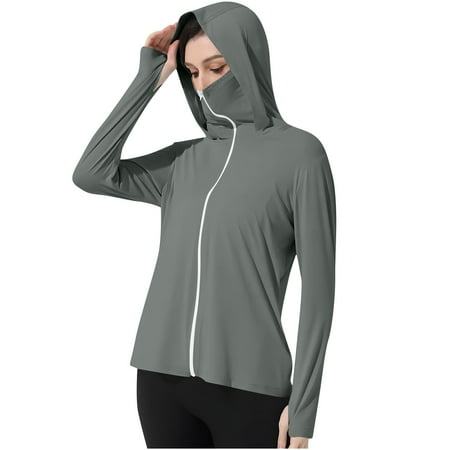 Stamzod Womens Sun Shirt with Mask Summer Solid Color Long Sleeve Sun Protection Clothing Women Casual Loose Outdoor Fishing Shirts for Women Dark Gray M