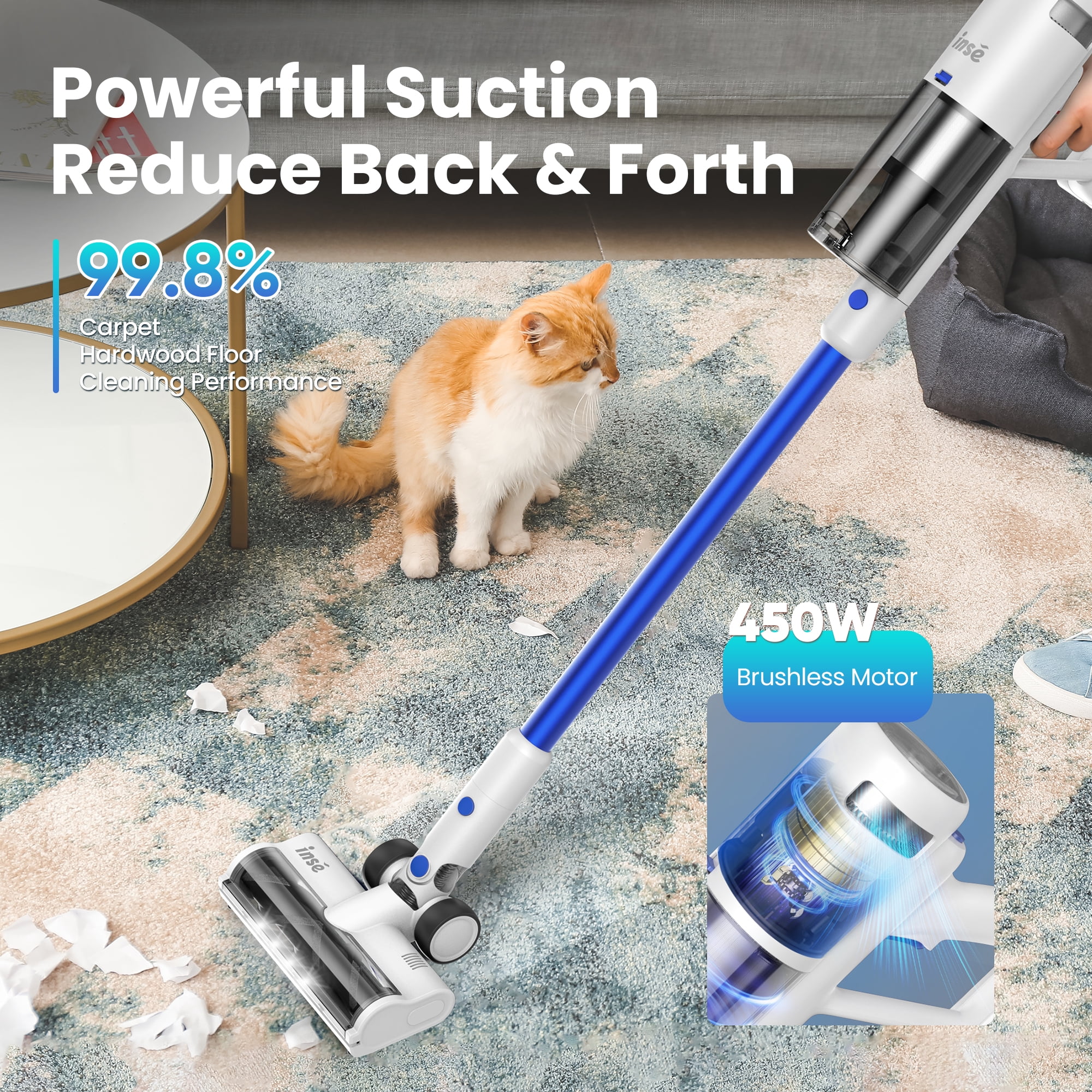 INSE Lightweight Cordless Vacuum with 30Kpa Powerful Suction & 60 Mins Runtime, Stick Vacuum for Carpet, Tile, Pet Hair, Hardwood Floors
