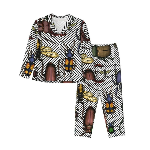 Bingfone Bright Insects Print Womens Pajama Sets,Long Sleeve Loungewear Pajamas Set-Small