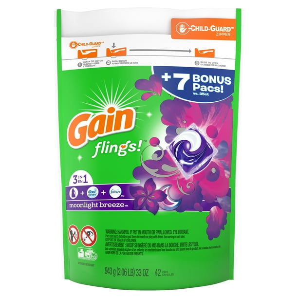 Gain flings! Liquid Laundry Detergent Pacs, Moonlight Breeze, 42 count