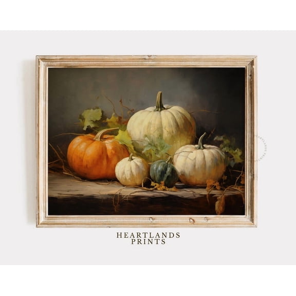 Kna Prints - 1 Pc Poster Printable Fall Still Life Pumpkin Art, Vintage Fall Art Pumpkin Painting Moody Fall Orange And White Pumpkin Thanksgiving Halloween Decor, UNFRAMED-8x12