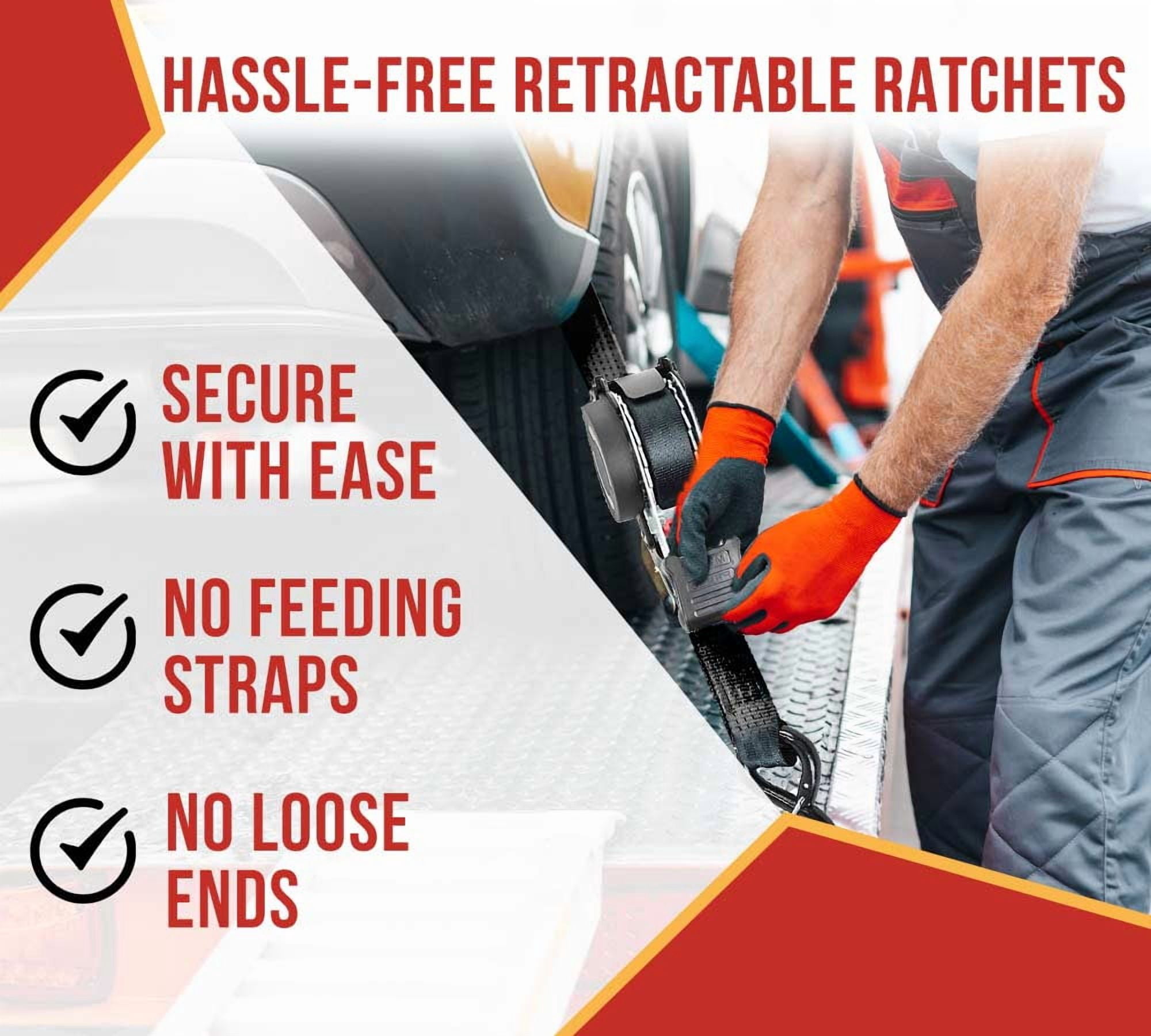 4 Auto Retract NO-RATCHETING Ratchet Straps | 1" x 12' Retractable Ratchet Straps with Coated S Hook Tiedowns for Motorcycles, ATVs, Bikes: Tight & Secure Pickup Trailer Tie-Down
