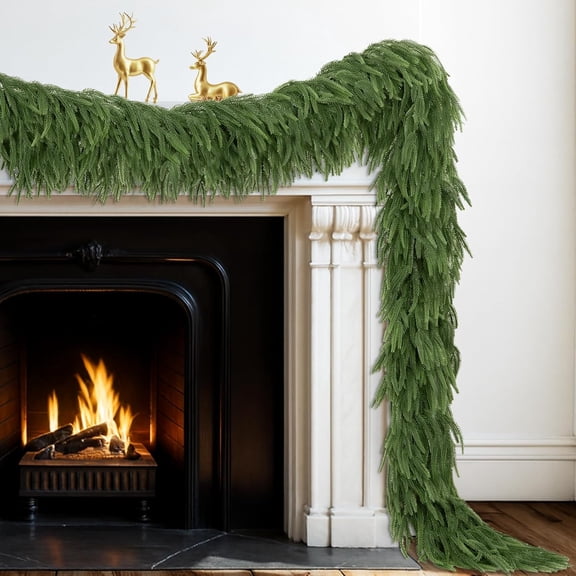 Guvpev 2Pcs Norfolk Pine Christmas Garlands, 9FT Realistic Norfolk Pine Garlands, Real Touch Green Winter Pine Garland, Greenery Garlands for Mantel, Table, Wall, Indoor Outdoor Christmas Decorations