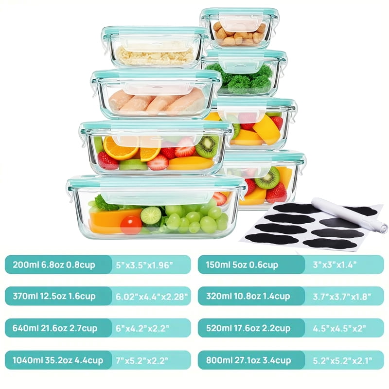 8 Pack Glass Food Storage Containers, Meal Prep, Airtight Bento Boxes with Leak Proof Locking Lids, for Microwave, Lunch Boxes, Oven, Freezer And Dishwasher, BPA Free with free labels&marker pen