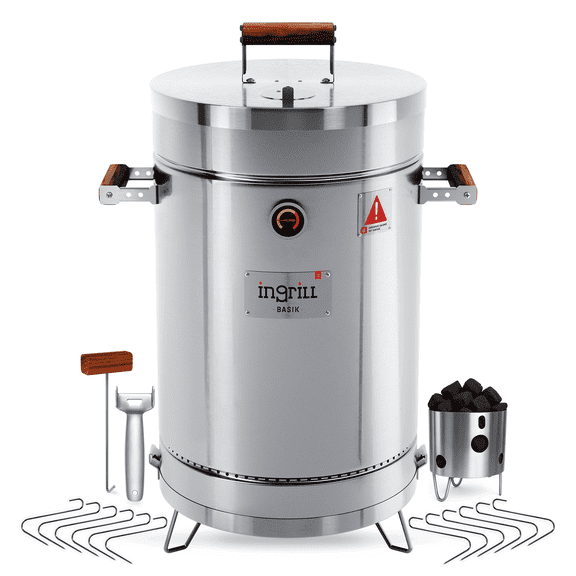 INGRILL 3-in-1 Medium Charcoal Smoker Barrel 26 lbs – Stainless Steel BBQ Drum for Smoking, Grilling & Baking – Portable Outdoor Cooker with Thermometer, Hooks & Grill Rack