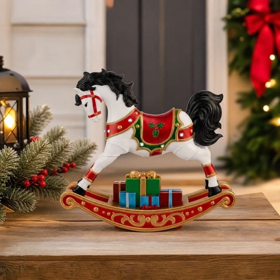 Christmas Rocking Horse Resin Tabletop Decor Vintage Carousel Figurine with Gift Boxes Holly for Mantel Shelf Home