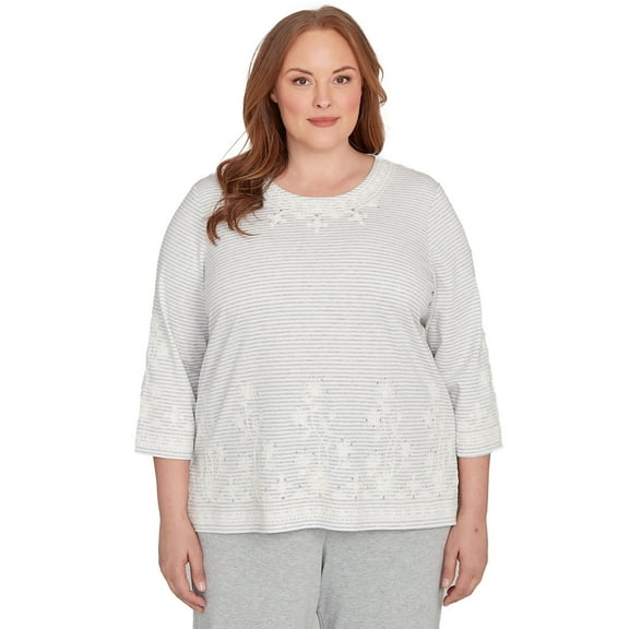 Alfred Dunner Womens Plus-Size Embellished Striped Crew Neck Top