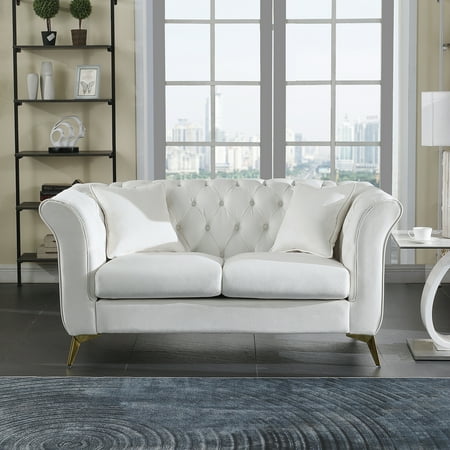 Holaki 64.17" Loveseat Velvet Couch Furniture, Classic Tufted Chesterfield Sofa for Living Room, White