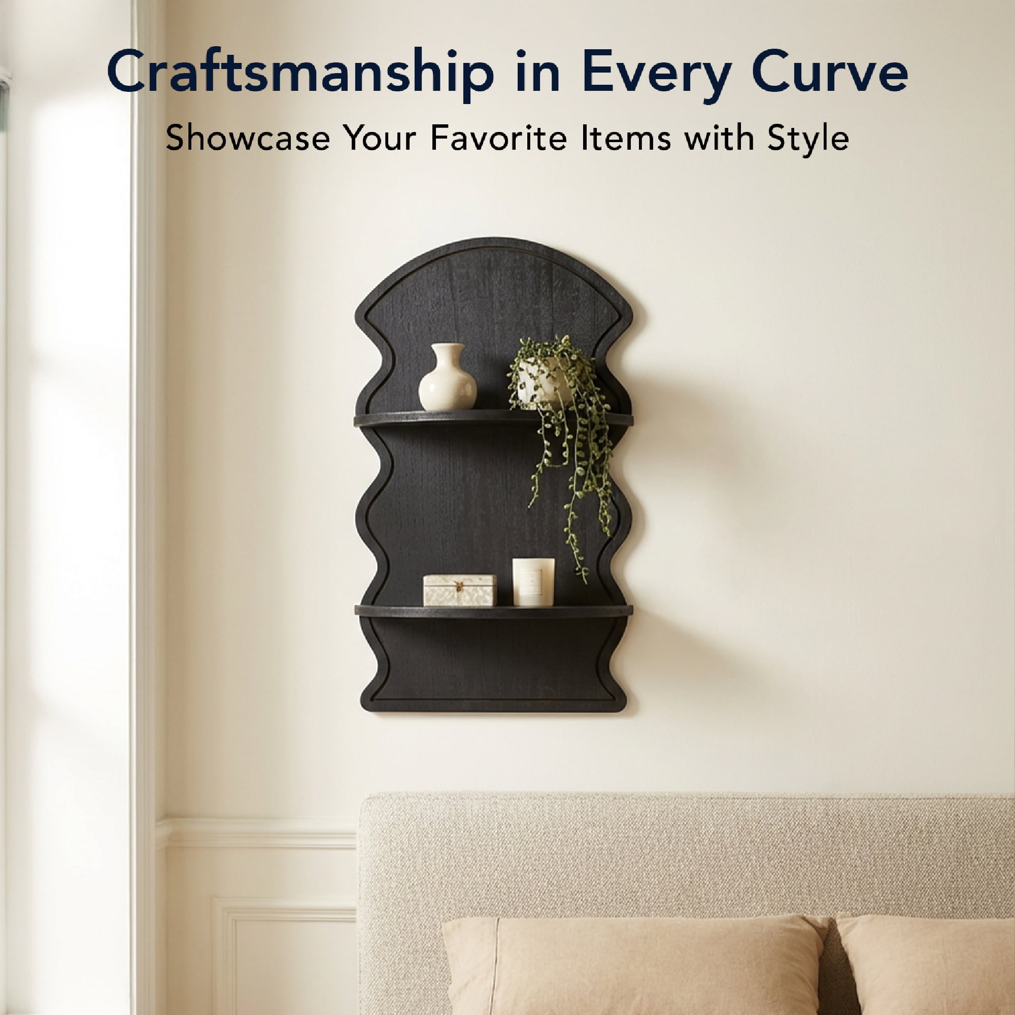 American Art Decor Black Wavy Arched Lunar Ledges Wall Shelf, Wooden 2-Tier Floating Bookshelf for Wall, Carved Fluted Arch Display Shelf for Bedroom Bathroom Kitchen Living Room Decor, 14" x 24"