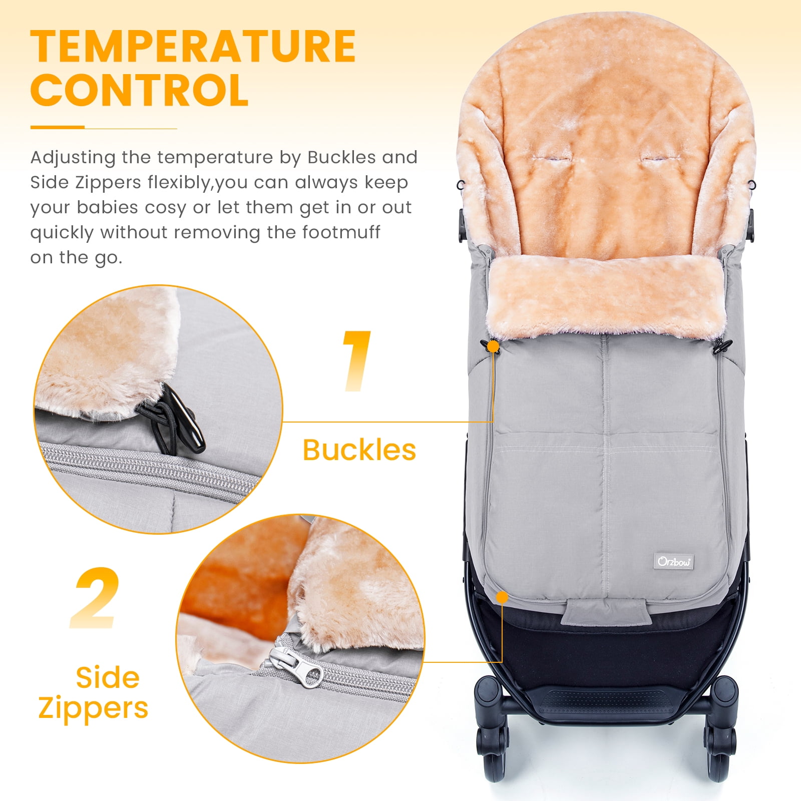Orzbow Wool Warm Bunting Bag Universal,Suitable below 6 ℃,For Alaska,Stroller Sleeping Bag Cold Weather,Waterproof Toddler Footmuff, Light Grey