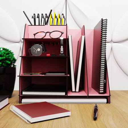 Lav Desktop Storage Organizer for Home Office Desk, stationary storage, Pencil Organizer, Wooden Desk Storage, Pink