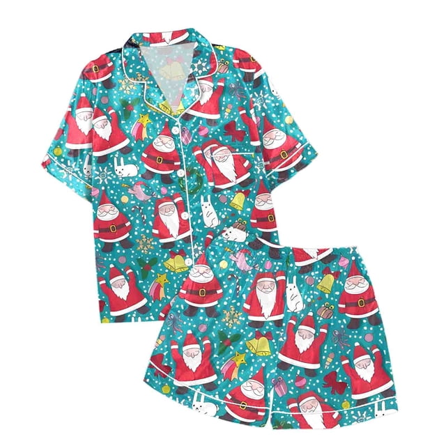 WEAIXIMIUNG Ensemble de Pyjama Décontracté pour Enfants de Noël Imprimé, Chemise à Col Boutonnée à Manches Courtes et Short 8-9 Ans