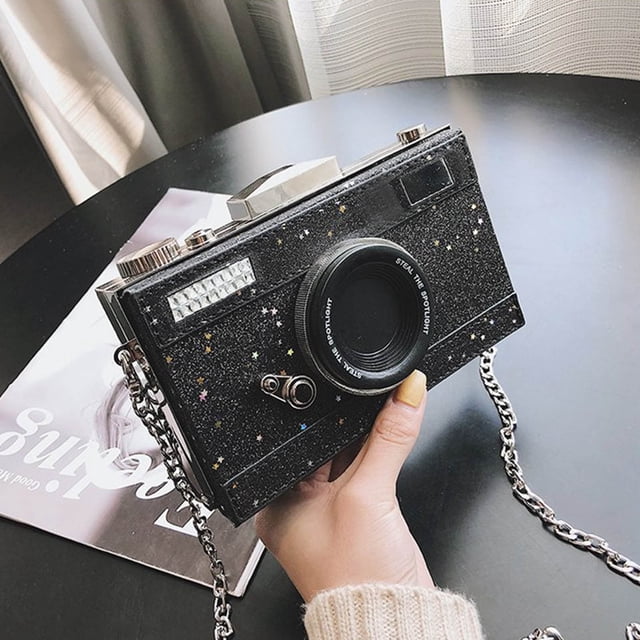 RKSTN Shaped Face Camera Bag Box Sequined One-Shoulder Small Square Bag Diagonal Portable Chain Messenger Bag Black Home Storage
