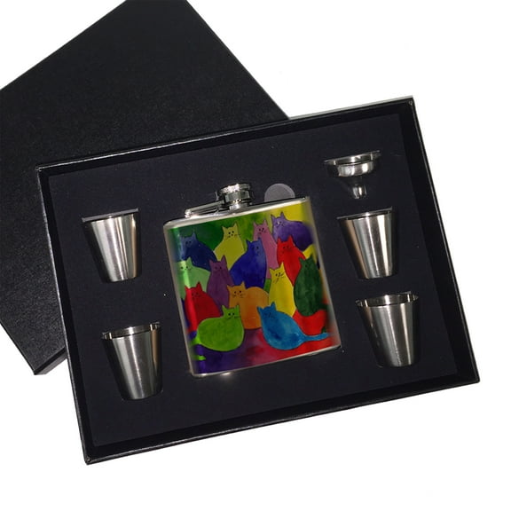 KuzmarK 6 oz. Stainless Steel Flask Set in Black Presentation Box -  Colorful Kitties in Crayon Colors Art by Denise Every