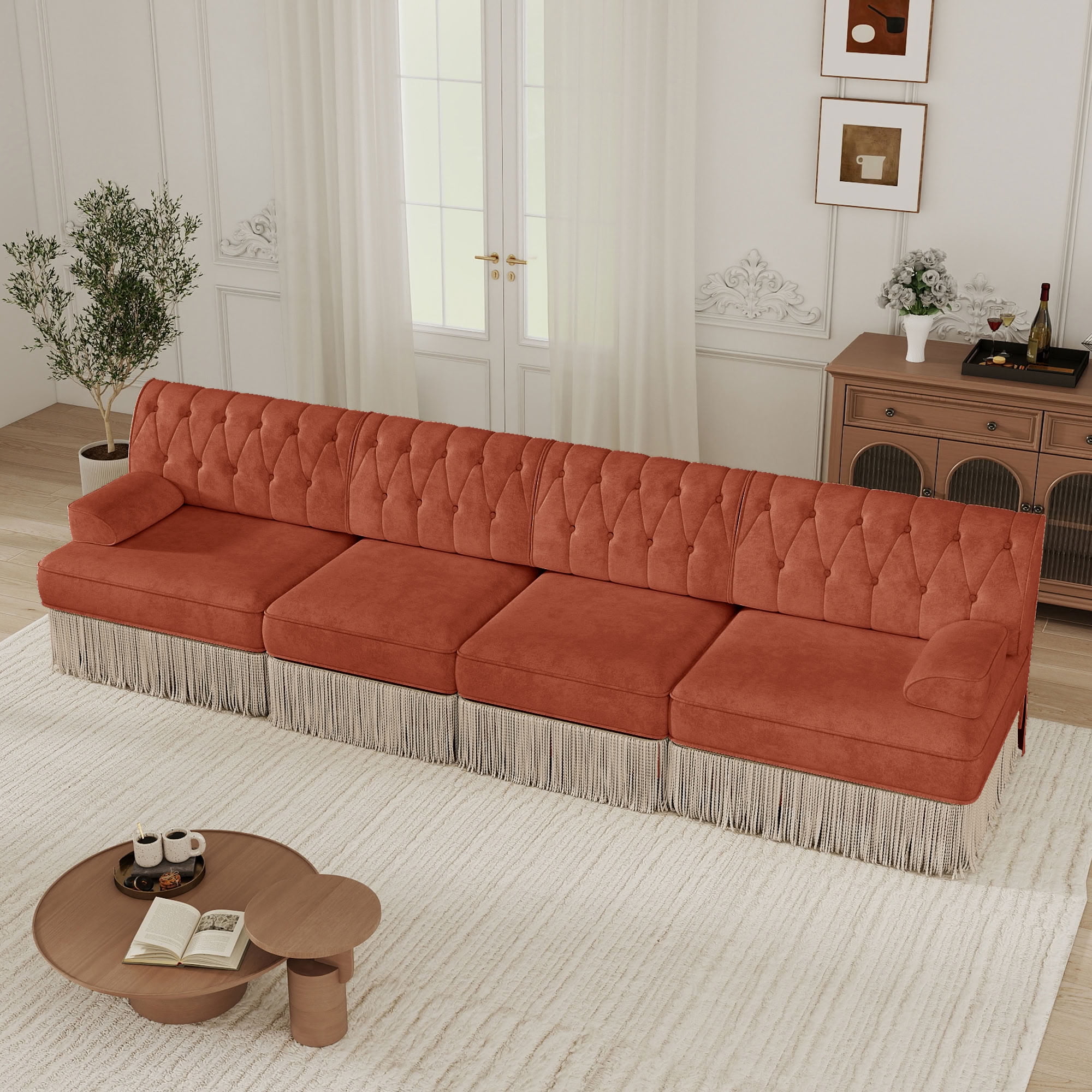 MAYEERTY 135 Inch Chesterfield Sofa, 4-Seater Modular Couch with Tassel, Solid Wood Base for Living Room Home Lounge Space