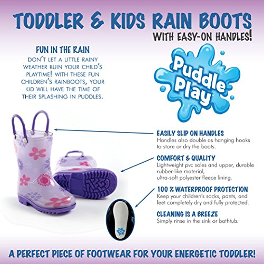 Puddle Play Children's Girls' Flower shapes Printed Waterproof Easy-On Rubber Rain Boots (Toddler/Little Kids)