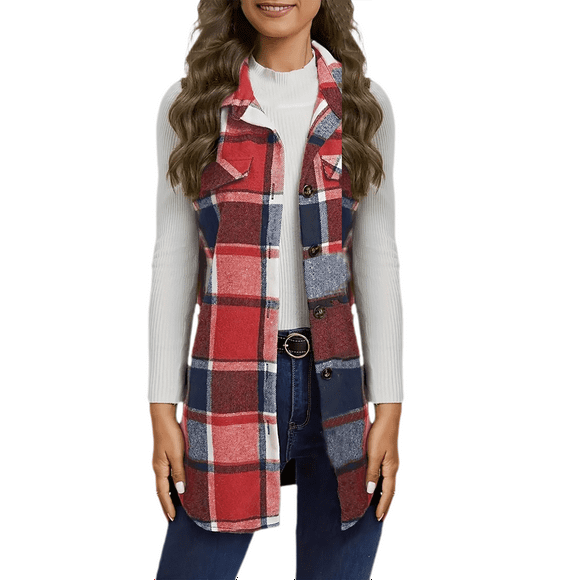 Clearance Sale! Pxiakgy Women Fashion Plaid Vest Sleeveless Button Down Shirts Lapel Long Waistcoat Lightweight Jacket Casual Outing Family Camping Coat Red S