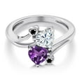 thumbnail image 3 of Gem Stone King 925 Sterling Silver White Moissanite Purple Amethyst and Black Diamond Ring for Women (1.63 Cttw, Heart Shape 6MM, Gemstone Birthstone, Size 5), 3 of 6