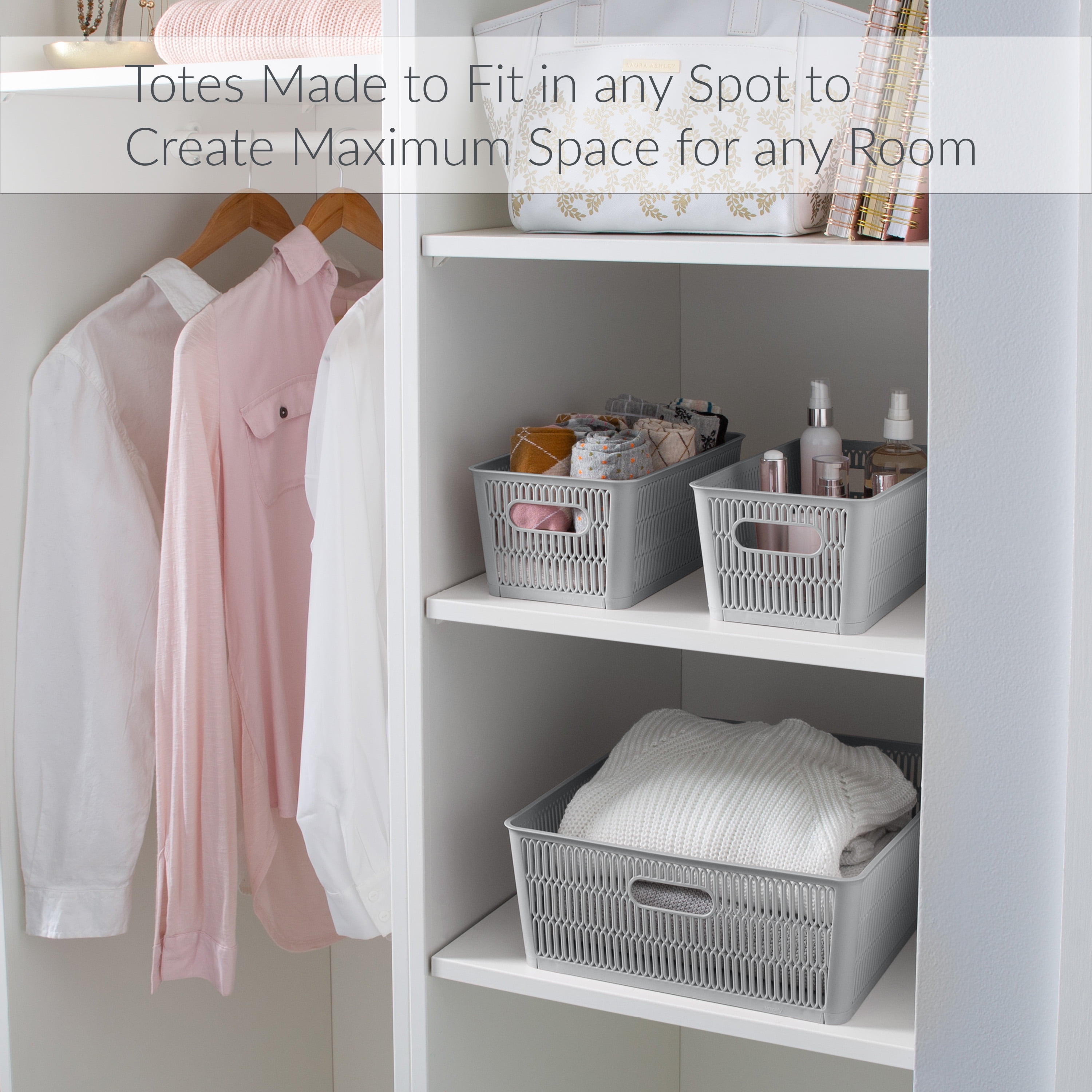 Simplify Slide 2 Stack It Plastic Storage Basket with Handles, Set of 2, Gray