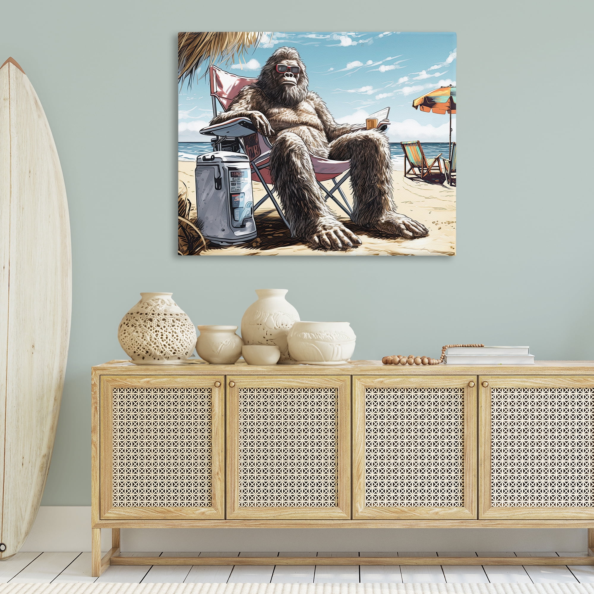 Stupell Industries Big Monster on Beach Fairy Tales & Fantasy Painting Gallery Wrapped Canvas Art Print Wall Art, 48 x 36